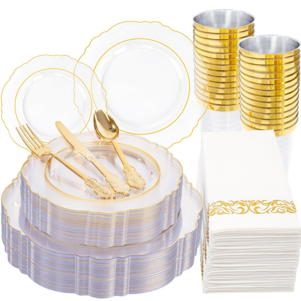 KIRE 210Pcs Clear and Gold Plastic Plates - Heavy Duty Clear Plates with Gold Rim - Disposable Dinnerware Sets of 60 Plastic Plate 90 Silverware 30 Cups 30 Napkins for Wedding/Thanksgiving Parties