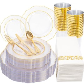 KIRE 210Pcs Clear and Gold Plastic Plates - Heavy Duty Clear Plates with Gold Rim - Disposable Dinnerware Sets of 60 Plastic Plate 90 Silverware 30 Cups 30 Napkins for Wedding/Thanksgiving Parties