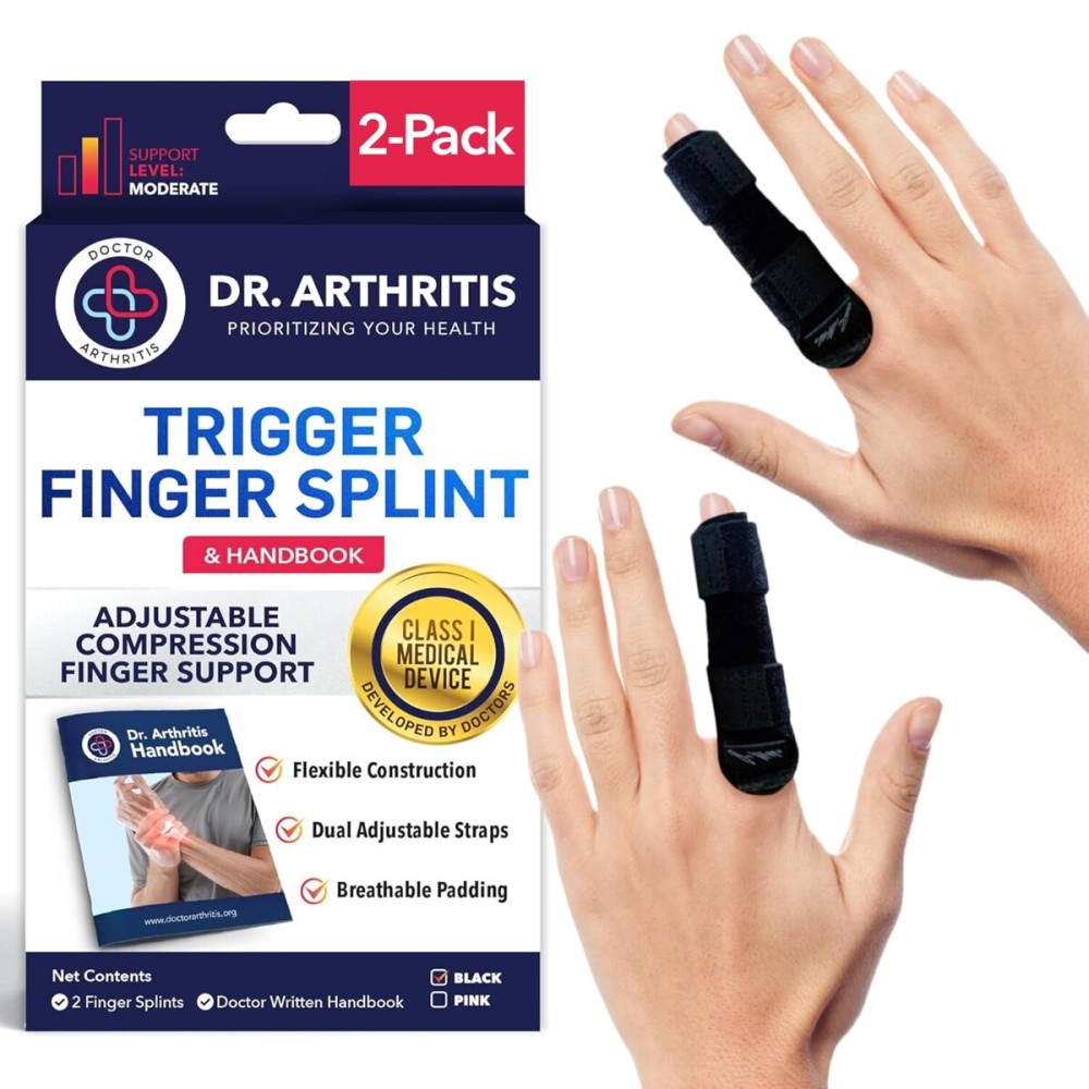 Dr. Arthritis Trigger Finger Splint, Multifunction Finger Brace Straightener for Arthritis, Sprain & Injury Support, Mallet Splint Compression that Fits Index, Middle, Ring, Pinky Joints (Black, Small)