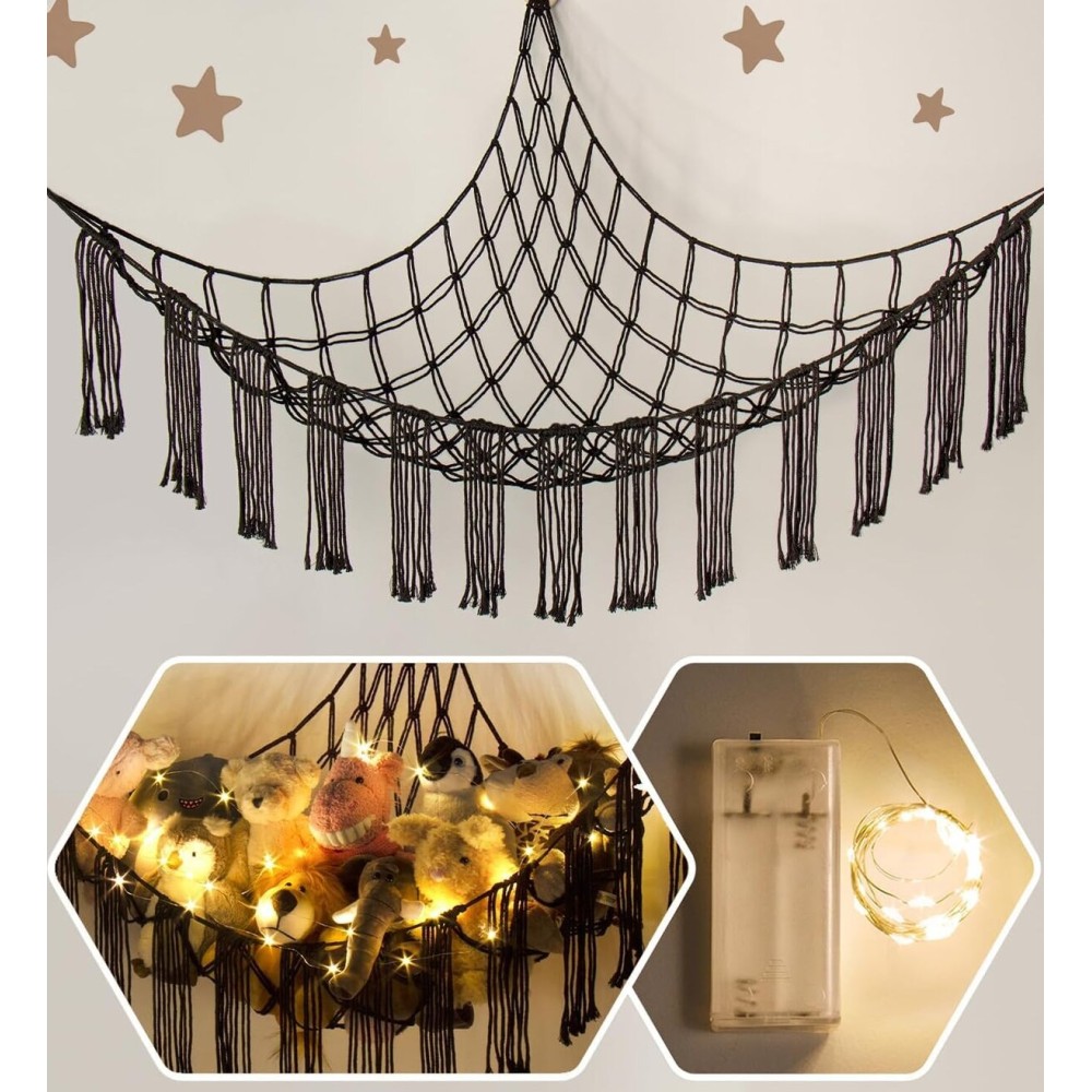 RelaxScene Stuffed Animal Storage Hammock Corner X-Large with LED Light - Baby Hammock Hanging Holder Plushies Net for Stuff Animals Organizer - Cute Room Decor Aesthetic Kids Toddler Nursery Bedroom