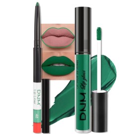 evpct 2Pcs Emerald Forest Green Matte Liquid Lipstick Lip Gloss Stain and Retractable Lip Liner Makeup Set for Women Long Lasting Waterproof 24 Hours Lipstick labial mate larga duracion 24 48