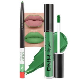 evpct 2Pcs Light Festival Green Matte Liquid Lipstick Lip Gloss Stain and Retractable Lip Liner Makeup Set for Women Long Lasting Waterproof 24 Hours Lipstick labial mate larga duracion 24 49
