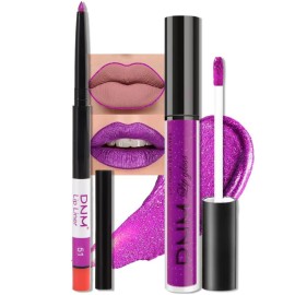 evpct 2Pcs Purple Shimmer Glitter Shiny Liquid Lipstick Lip Gloss Stain and Retractable Lip Liner Makeup Set for Women Long Lasting Waterproof 24 Hours Lipstick labial mate larga duracion 24 51