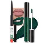 evpct 2Pcs Emerald Green Shimmer Glitte Liquid Lipstick Lip Gloss Stain and Retractable Lip Liner Makeup Set for Women Long Lasting Waterproof 24 Hours Lipstick labial mate larga duracion 24 47