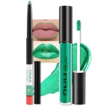 evpct 2Pcs Green Shimmer Glitter Shiny Liquid Lipstick Lip Gloss Stain and Retractable Lip Liner Makeup Set for Women Long Lasting Waterproof 24 Hours Lipstick labial mate larga duracion 24 50