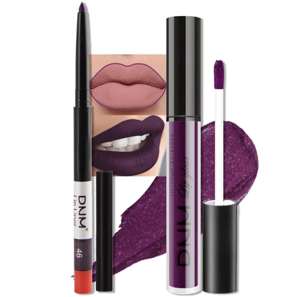 evpct 2Pcs Dark Deep Purple Matte Liquid Lipstick Lip Gloss Stain and Retractable Lip Liner Makeup Set for Women Long Lasting Waterproof 24 Hours Lipstick labial mate larga duracion 24 46