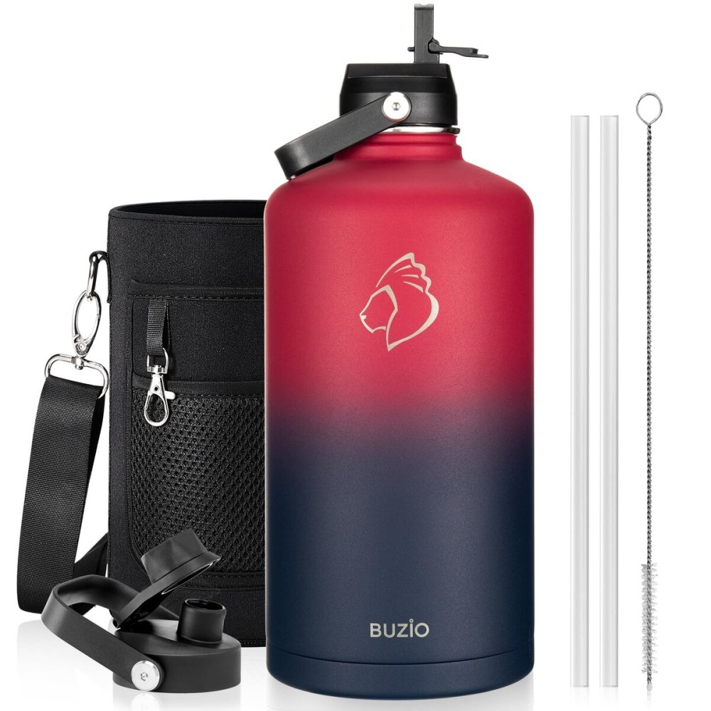 128oz Insulated Water Bottle, BUZIO Gallon Water Jug with Straw Lid and Carrying Sleeve (Cold for 48 Hrs) Stainless Steel Hydro Metal Canteen Water Flask, Ruby Red Navy