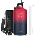128oz Insulated Water Bottle, BUZIO Gallon Water Jug with Straw Lid and Carrying Sleeve (Cold for 48 Hrs) Stainless Steel Hydro Metal Canteen Water Flask, Ruby Red Navy