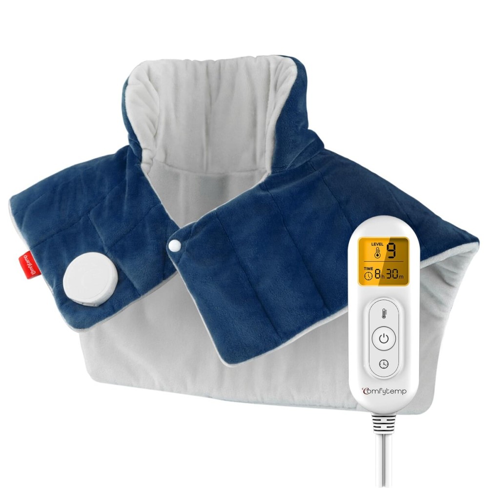 Comfytemp Heating Pad for Neck and Shoulders and Back, Weighted Electric Heat Pad for Pain Relief, 2.6lb Large Heated Wrap, 9 Heat Levels, 11 Auto-Off, Gifts for Women Men, Dark Blue