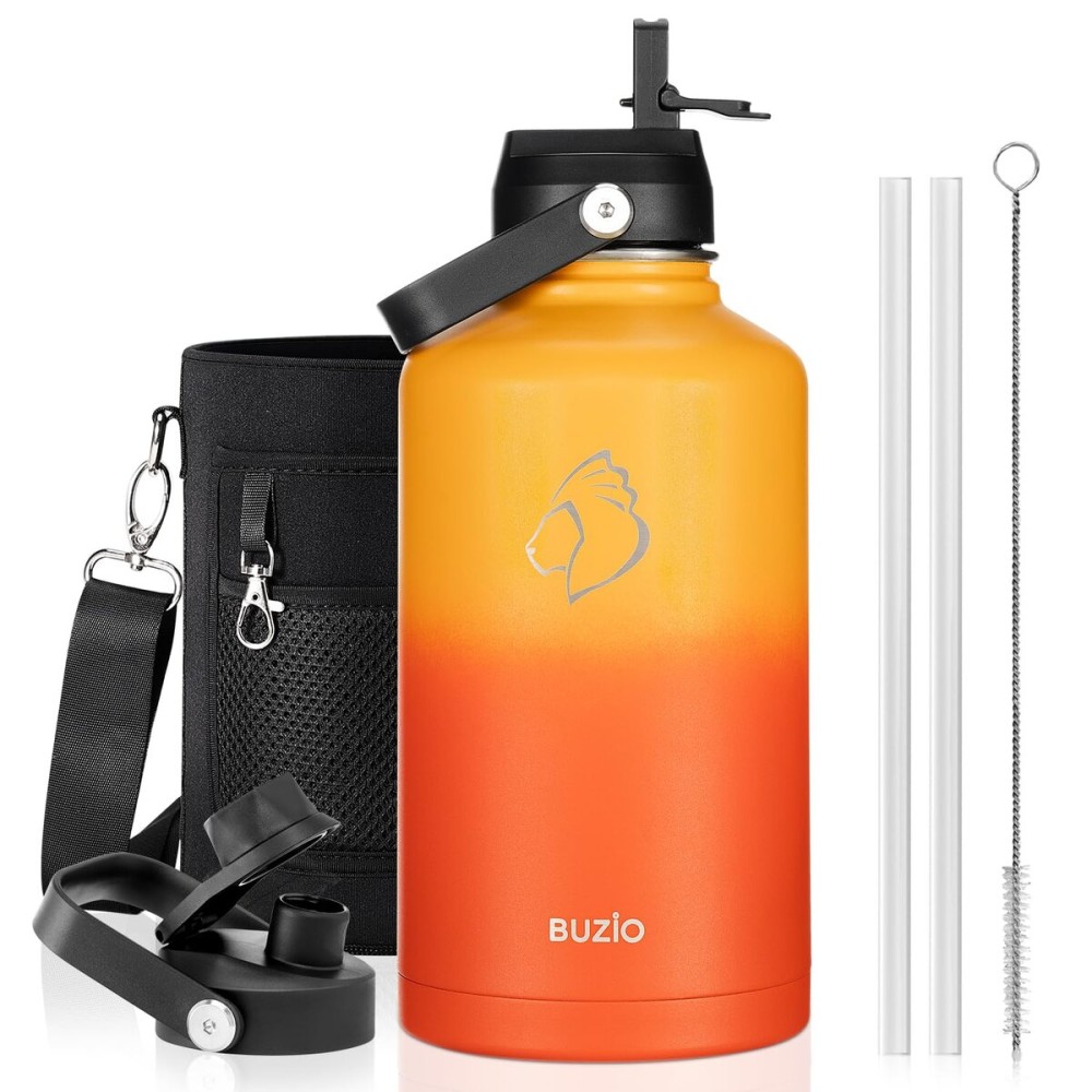 BUZIO 64oz Water Bottle, (Cold for 48 Hrs) Triple Wall Insulated Stainless Steel Leakproof Half gallon Jug/Flask with Straw Lid and Carry Bag for Sports Hiking, Camping, Yellow Orange