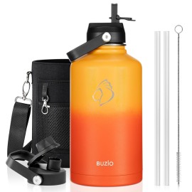 BUZIO 64oz Water Bottle, (Cold for 48 Hrs) Triple Wall Insulated Stainless Steel Leakproof Half gallon Jug/Flask with Straw Lid and Carry Bag for Sports Hiking, Camping, Yellow Orange