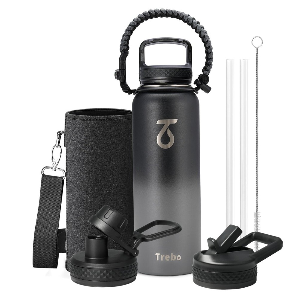 Trebo 40oz Water Bottle with 3 Lid and handle, Vacuum Insulated Stainless Steel Metal Outdoor Leakproof BPA-Free Flask, Keep Cold 48 Hours Water Jug, Best Gift for Men Women Holiday, Dark Gray