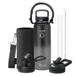 Trebo 40oz Water Bottle with 3 Lid and handle, Vacuum Insulated Stainless Steel Metal Outdoor Leakproof BPA-Free Flask, Keep Cold 48 Hours Water Jug, Best Gift for Men Women Holiday, Dark Gray