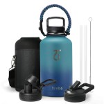 Trebo Insulated Water Bottle 64 oz, Half Gallon Metal Vacuum Water Jug with Handle and 3 Lids, Leakproof BPA-Free Water Flask for Gym Sports Hiking Travel, Keep Cold 48 Hours, Cyan Blue