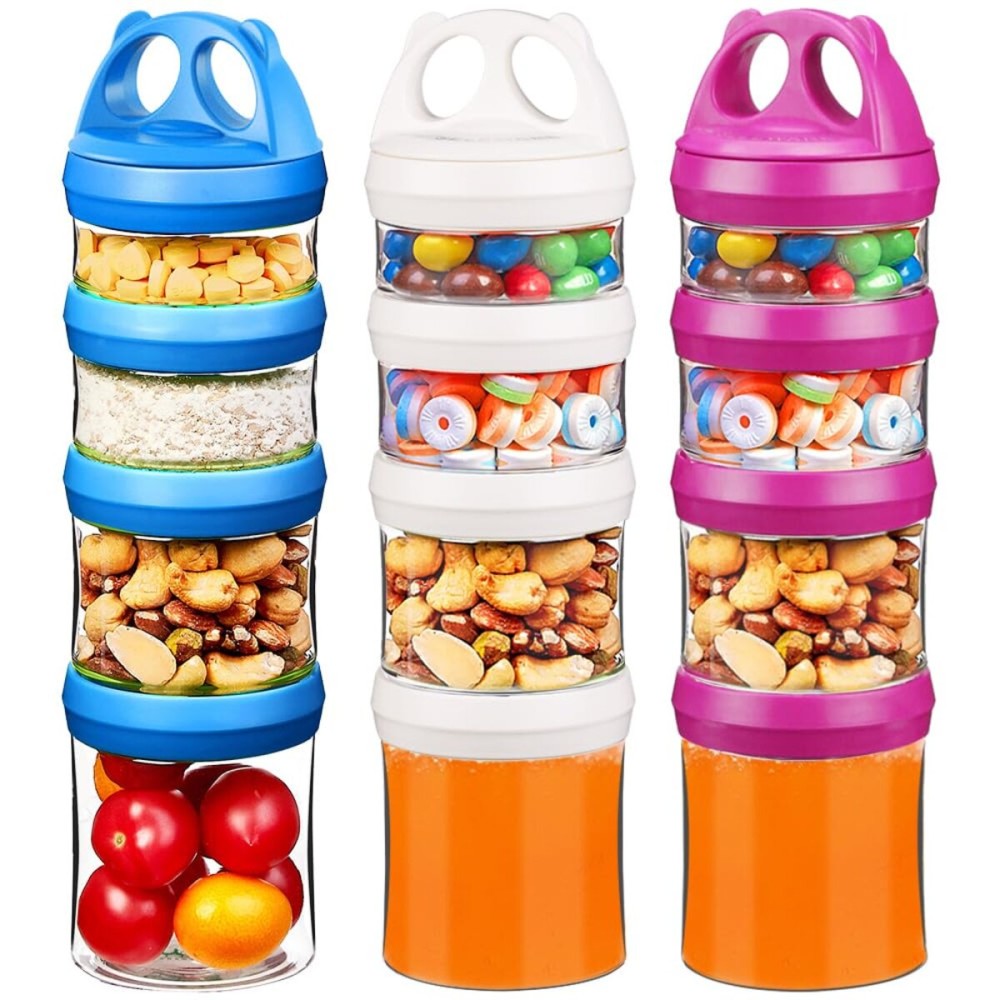 SELEWARE Portable Stackable Food Storage Containers for Snacks Formula Powder and Drinks Twist Lock System Airtight Leak-proof BPA and Phthalate Free Red Blue and White