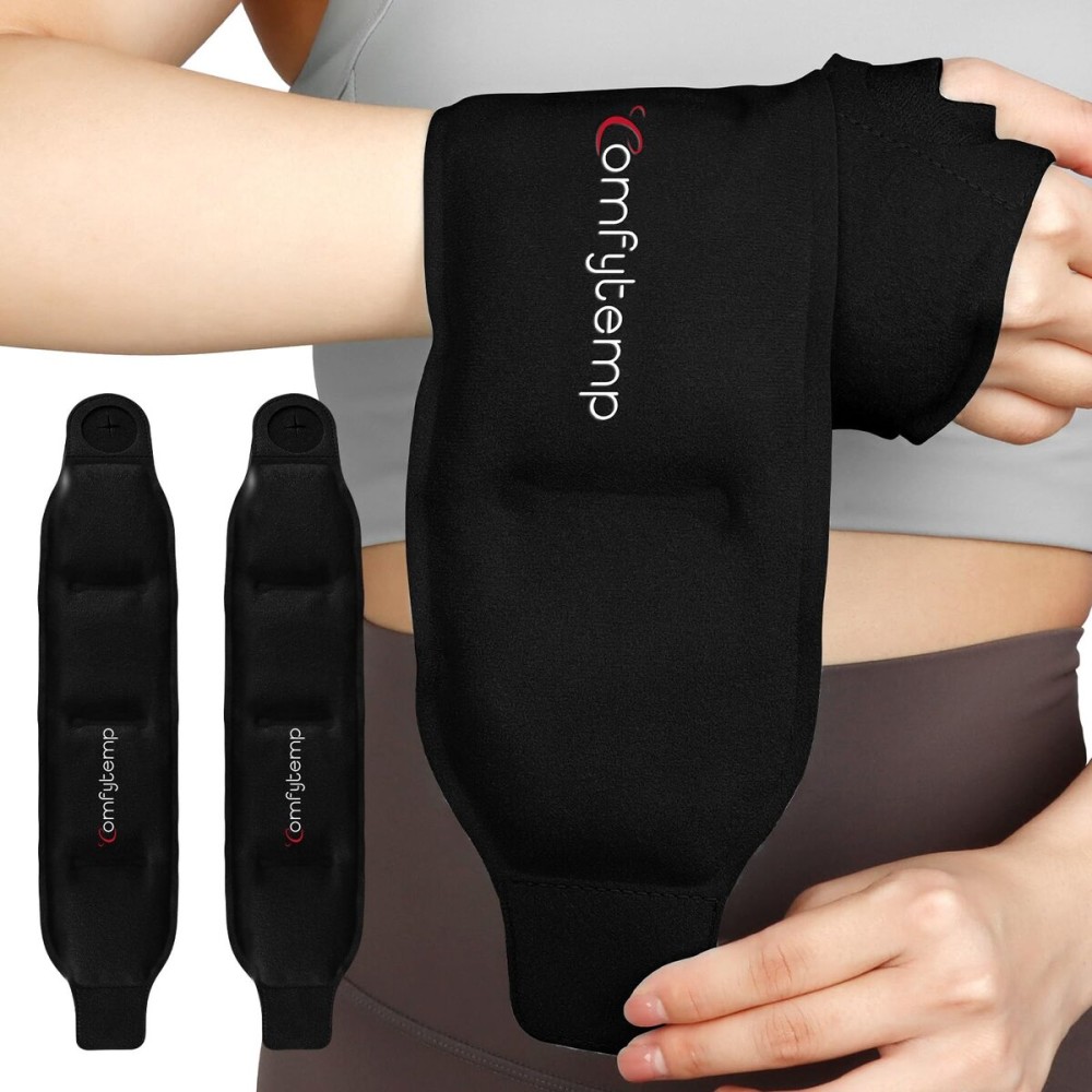 Comfytemp Wrist Ice Pack Wrap for Carpal Tunnel Relief, 2 Gel Packs, HSA Store Eligible Items, Hot Cold Compression Brace for Hand Injuries Reusable, Tenosynovitis, Christmas Men Women Gift (Black)