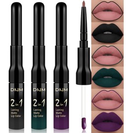 evpct 3Pcs Dark Black Green Purple Matte Lip Liner and Liquid Lipstick Lip Stain Sets for Women Long Lasting Waterproof, 24 Hours Goth Lipstick labiales matte mate larga duracion listip 24 hours, 19