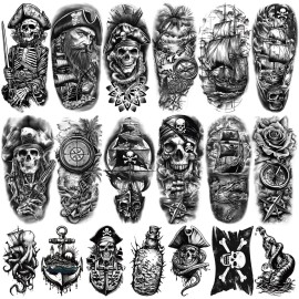 77 Sheets Pirate Temporary Tattoos Adult,Captain Anchor Compass Sailboat Tattoos, Pirate Ships Flag Skull Crossbones Sailor Fake Tattoo for Costume, Fake Arm Tattoos for Men Women Kids