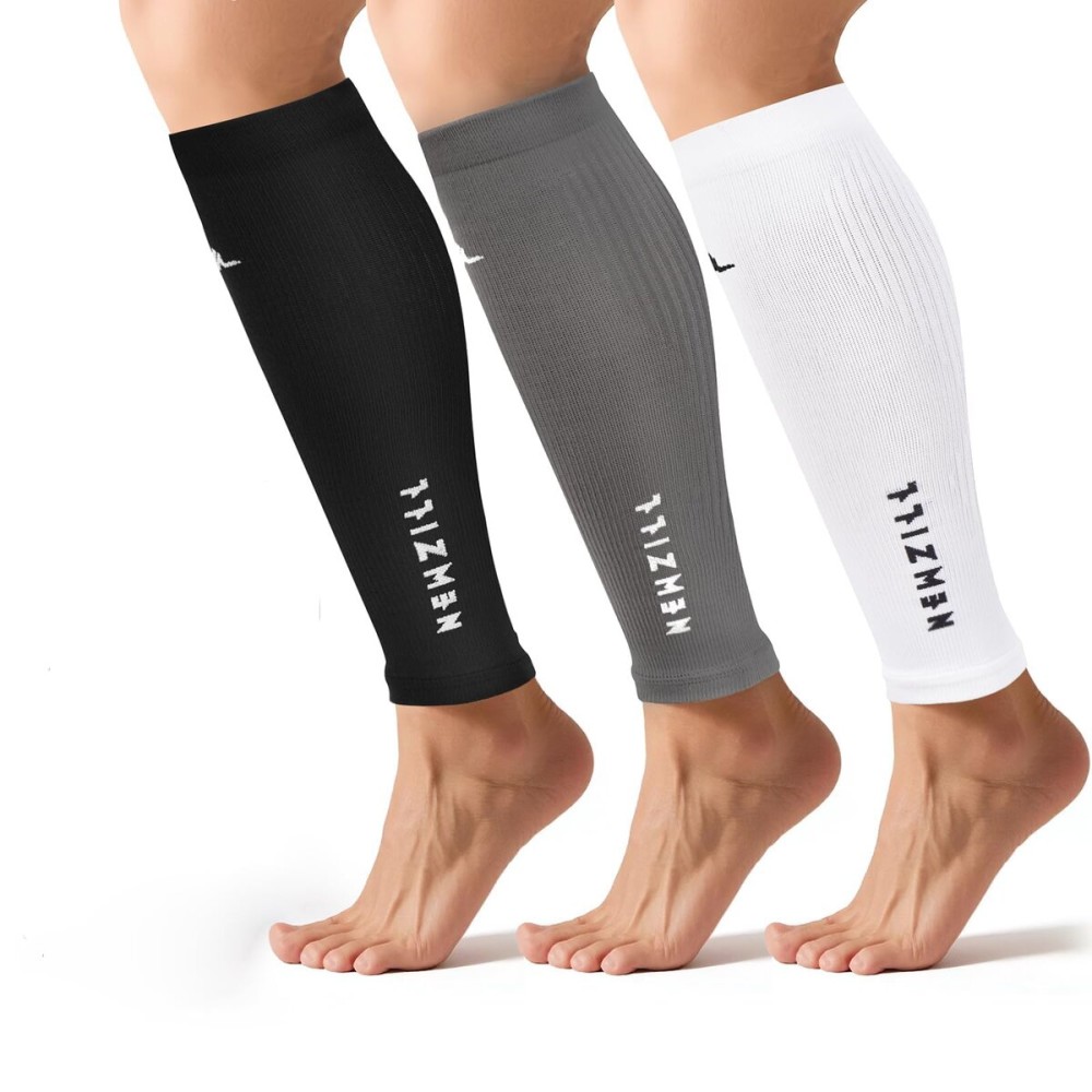 NEWZILL Calf Compression Sleeve for Men & Women | Footless Compression Socks for Shin Splint Relief, Varicose Veins | Leg Sleeve for Running, Travel, Nursing, Fitness (Black/White/Grey 3Pairs S/M)