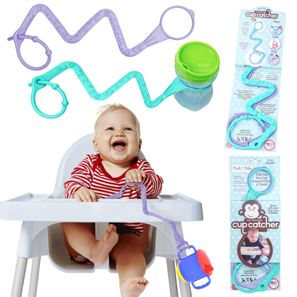 Brilli Baby Cup Catcher Patented Safety Tether Strap, Attach Sippy Cups, Bottles, Pacifiers & More to Stroller, High Chair, Car Seat, Made in USA, Food Grade, Dishwasher Safe (Lavender & Aqua)