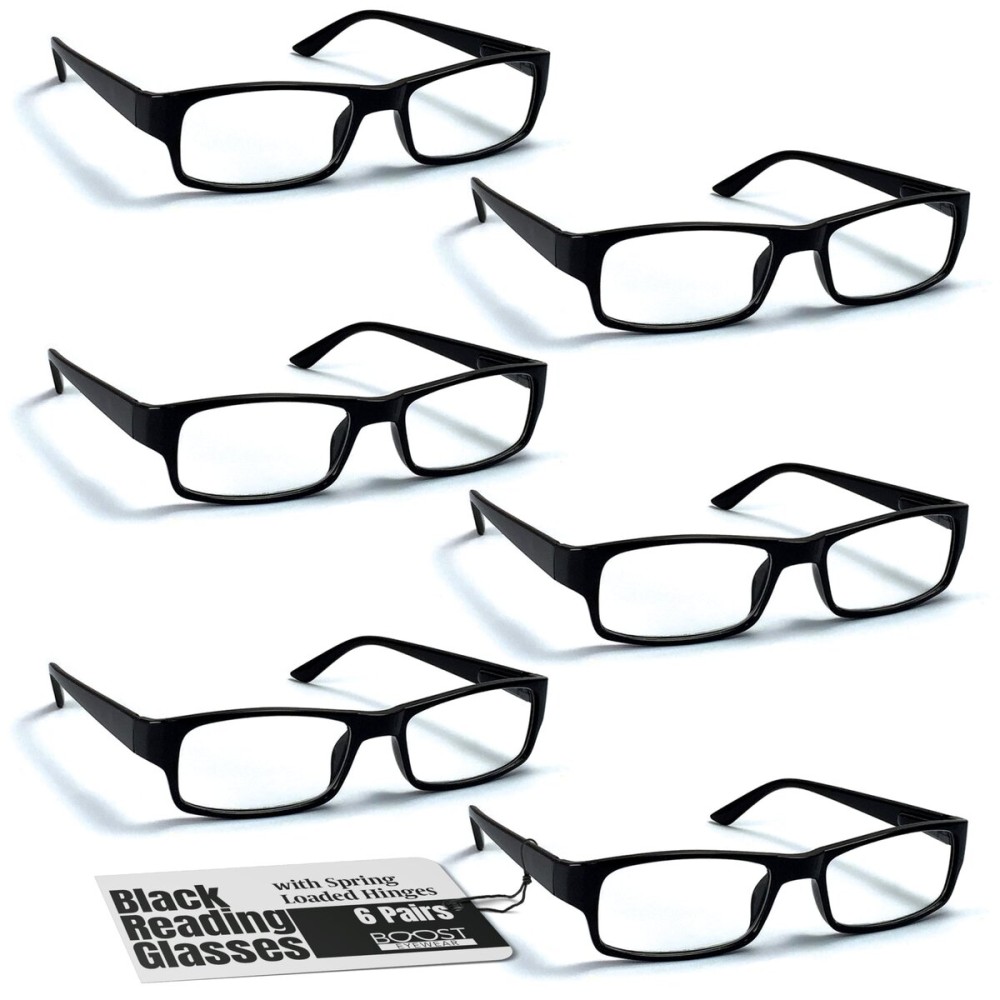 Boost Eyewear 6 Pack Reading Glasses, Traditional Black Frames, for Men and Women, with Comfort Spring Loaded Hinges, Black, 6 Pairs (+3.25)