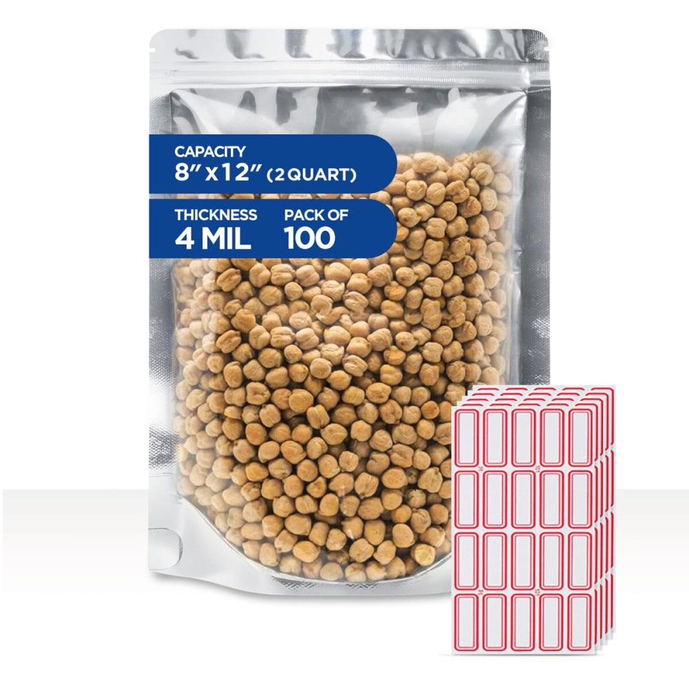 BELLE KR Clear Mylar Bag 8x12 - Pack of 100, 8 Mil Thick - 2 Quart Stand Up See Through Mylar Bags for Food Storage with Label Stickers