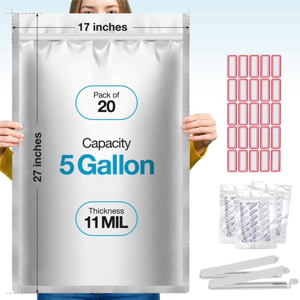 20 Pcs 5 Gallon Mylar Bags With Oxygen Absorbers - 11 Mil Thick - With Sticker Labels and Closure Clip - Smell Proof, Zipper Closure Heat Resealable Large Mylar Bags For Food Storage