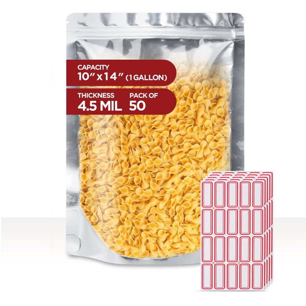 BELLE KR 50 Pcs 1 Gallon Mylar Bags for food storage - 9.5 mil - Gusseted Mylar Bags 1 Gallon Resealable & Heat Sealable for Long Term Food Storage - Labels Included