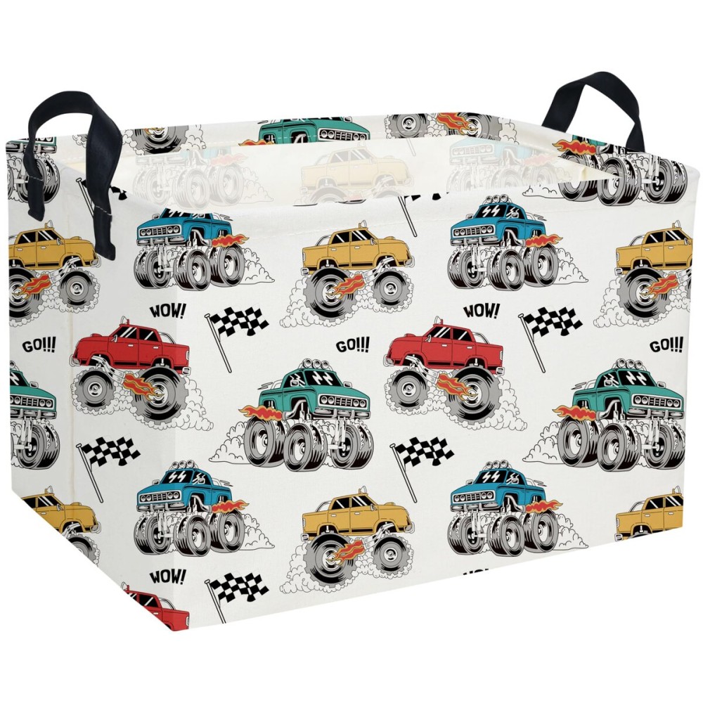 Essme Rectangular Monster Truck Baskets Boys Basket,Kids Storage Bins with Handles for Car Decor, Racing Storage BinMonster truck