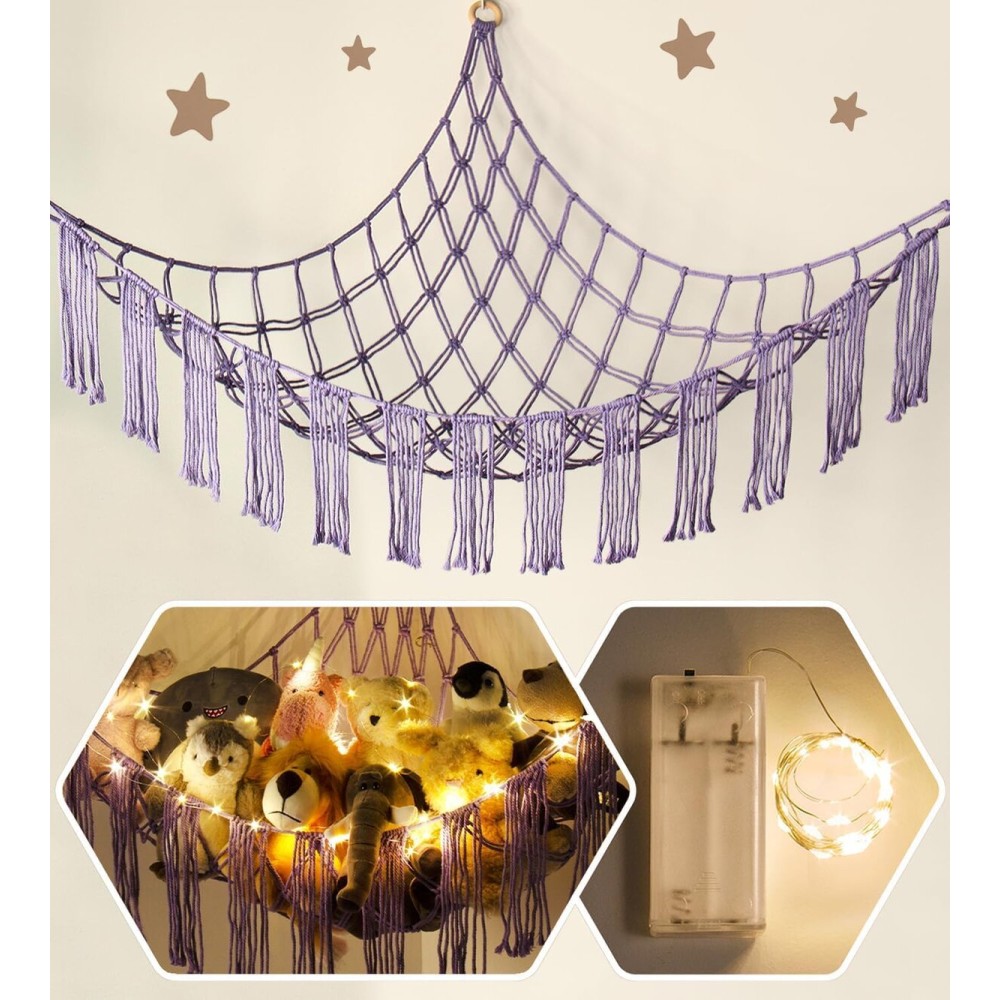 RelaxScene Stuffed Animal Storage Hammock Corner X-Large with LED Light - Baby Hammock Hanging Holder Plushies Net for Stuff Animals Organizer - Cute Room Decor Aesthetic Kids Toddler Nursery Bedroom