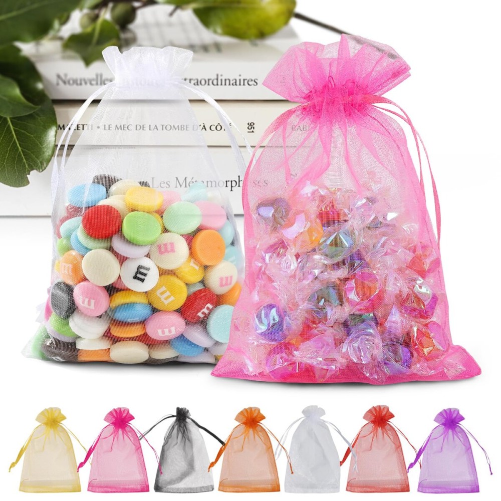 ANZNKU 50 Pack Multicolor Organza Bags, 5x7 inches Mesh Bags, Small Bag for Gifts, Jewelry Pouch Drawstring Goodie for Christmas Candy Party