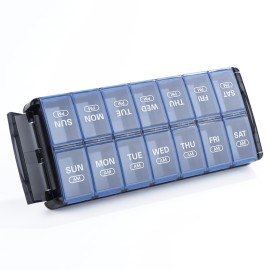 Sukuos Weekly Pill Organizer 7 Day 2 Times a Day, Quick Fill Daily Pill Box AM PM, Easy to Open Large Vitamin Cases (Blue)