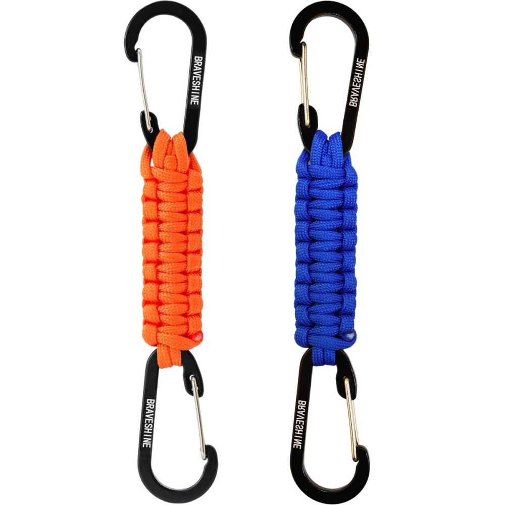 BRAVESHINE Carabiner Keychain Hook with Paracord Strap - 1 Orange 1 Blue D Ring Key Clips Para Cord Lanyard Hanger Stroller Hooks for Water Bottle, Belt Loop Keys, Backpacks, Boys, Girls, Men, Women