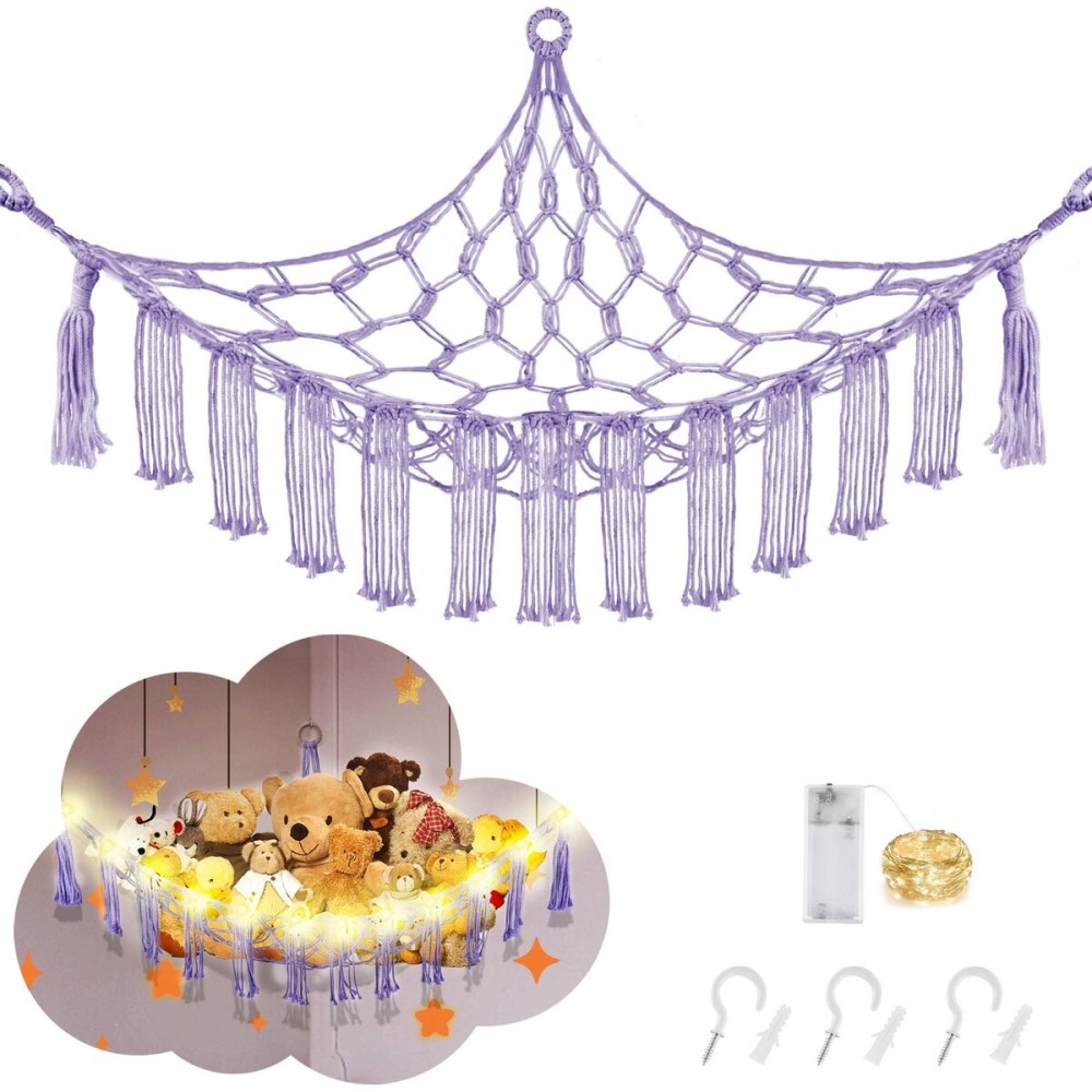 CERETIA Stuffed Animal Hammock with LED Light, Large Stuffed Animals Storage Corner Plushie Net for Kids Room Decor, Jumbo Purple