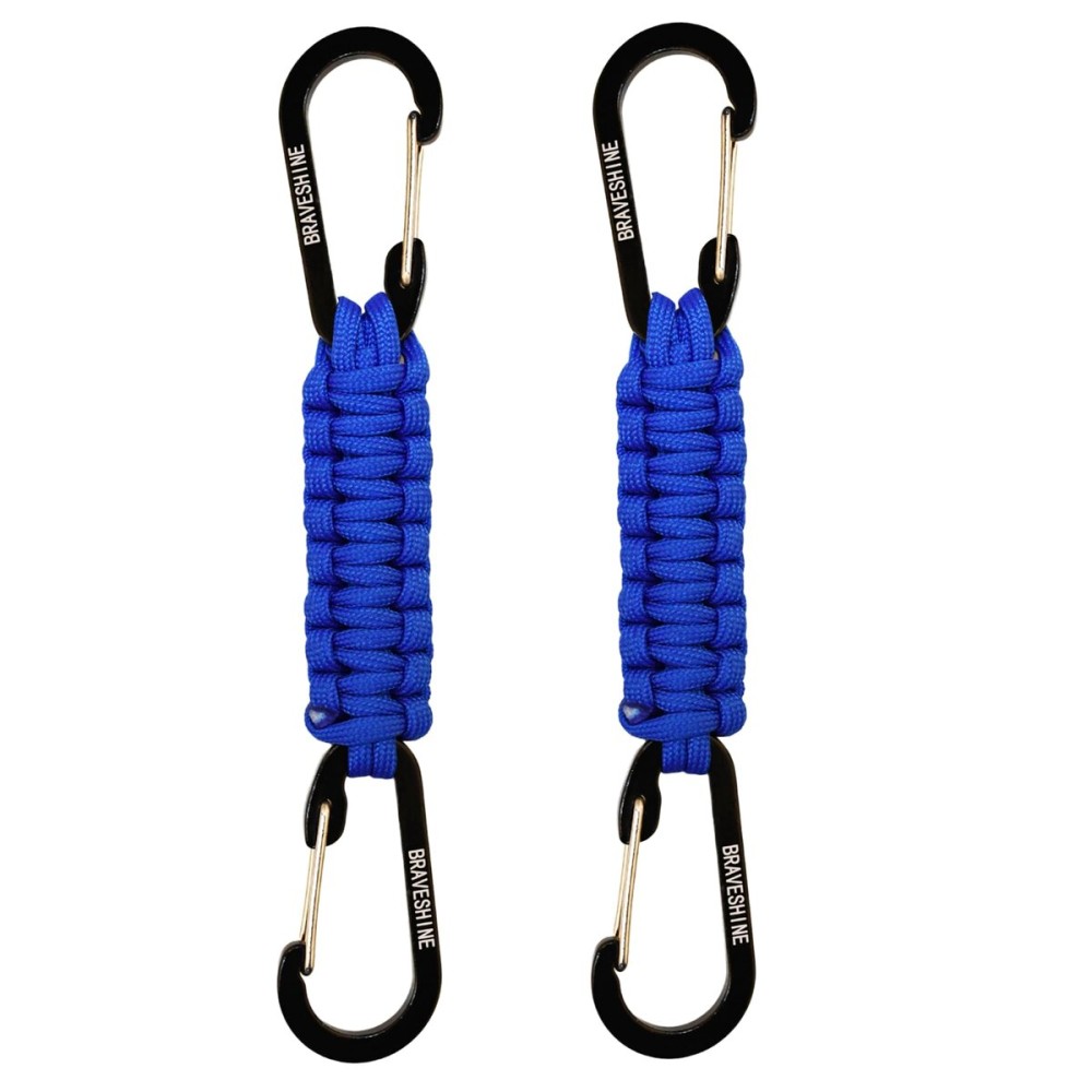 BRAVESHINE Carabiner Keychain Hook with Paracord Strap - 2 Pack Blue D Ring Key Clips Para Cord Lanyard Hanger Stroller Hooks Holder for Water Bottle, Belt Loop Keys, Backpack, Boys, Girls, Men, Women