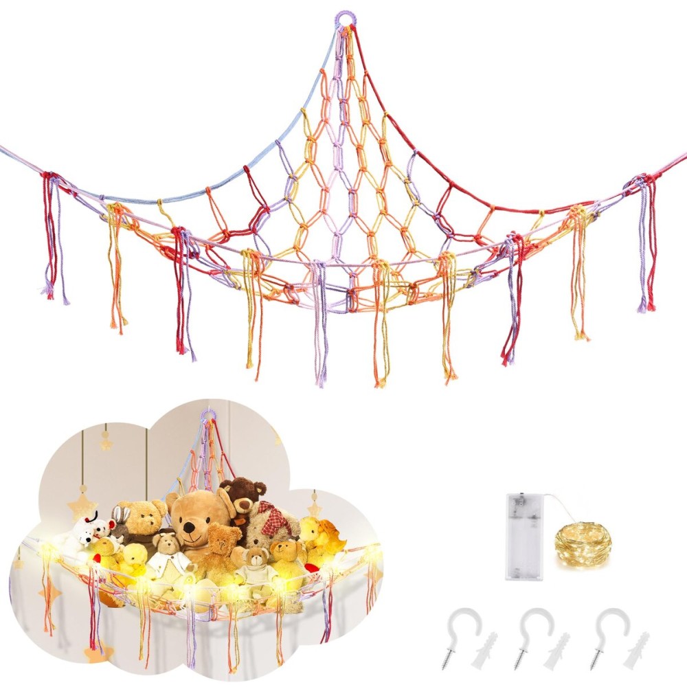 CERETIA Stuffed Animal Hammock with LED Light, Large Stuffed Animals Storage Corner Plushie Net for Kids Room Decor, Rainbow