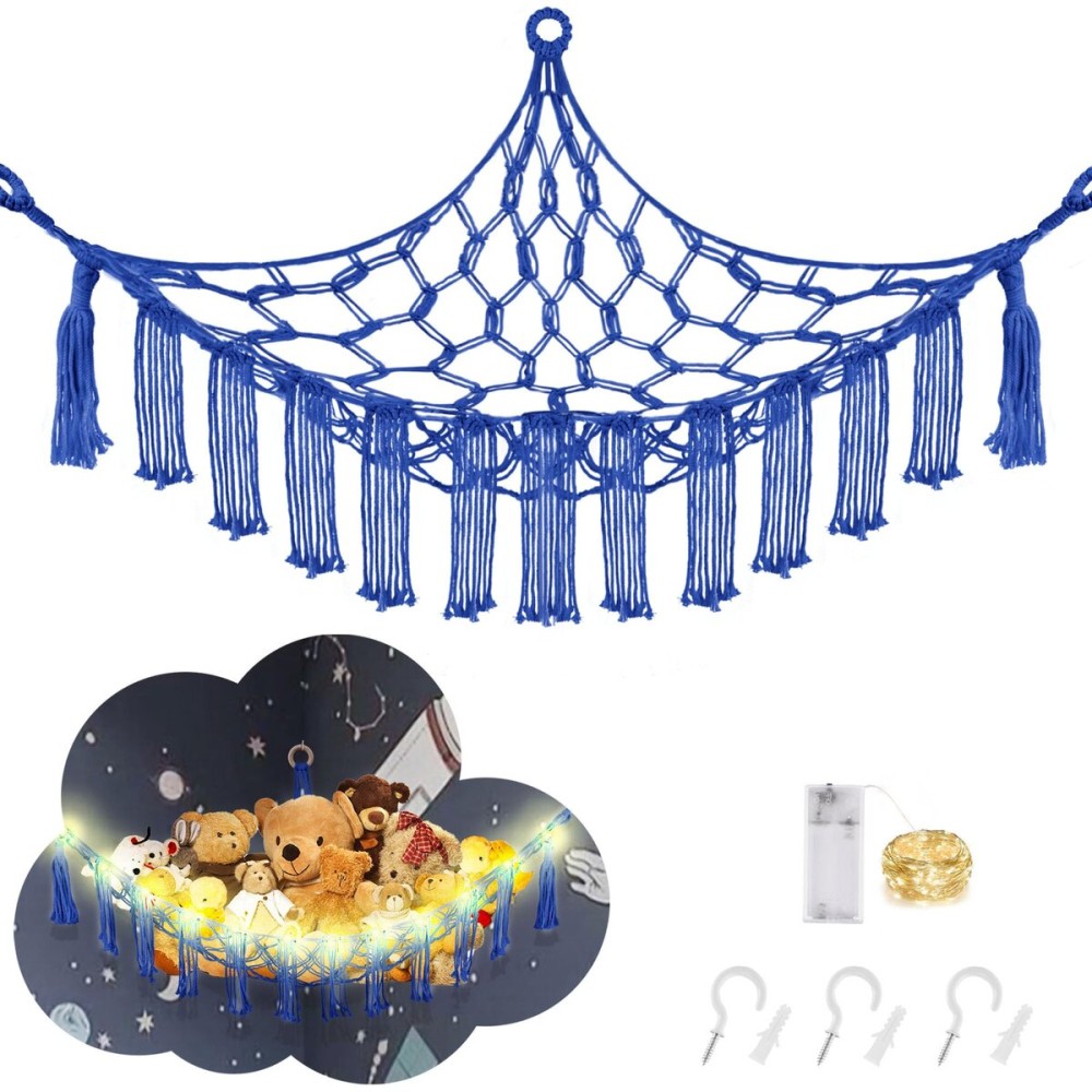 CERETIA Stuffed Animal Hammock with LED Light, Large Stuffed Animals Storage Corner Plushie Net for Kids Room Decor, Jumbo Royal Blue