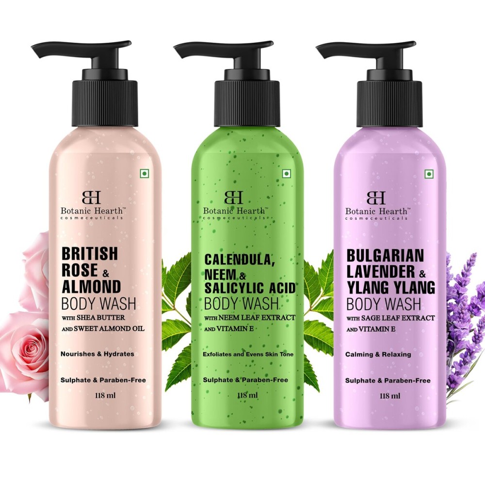 Botanic Hearth Relax & Renew Body Wash Set - British Rose, Lavender & Calendula Neem, Travel-Size 3-Pack, Gentle Cleansing Shower Gel - 4 fl oz Each