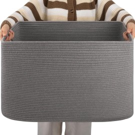 OIAHOMY XXLarge Rectangle Blanket Basket-96L, Cotton Woven Basket for Storage, Dirty Clothes Basket for Living Room, Nursery, Bedroom, Toy Organizing with Handle, 24 x 16 x 15, Dark Grey