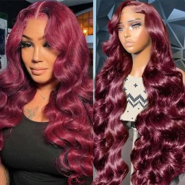 CITY GIRL 28 Inch 99J Burgundy Lace Front Wigs Human Hair 13x4 Body Wave Wig 200% Density Glueless Frontal Wigs Pre Plucked Brazilian Human Hair Wigs Colored Wine Red for Women