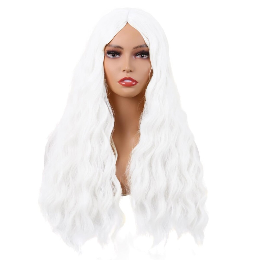 MapofBeauty 28 Inch/70 cm Long Wavy Middle Part with No Bangs Synthetic Fiber Curly Fashion Women Party Cosplay Wig (White)