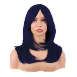 MapofBeauty 20 Inch/50 cm Long Layered With Bangs Straight Synthetic fiber Shoulder Length Hair for Daily Use or Party Wig (Midnight Blue)