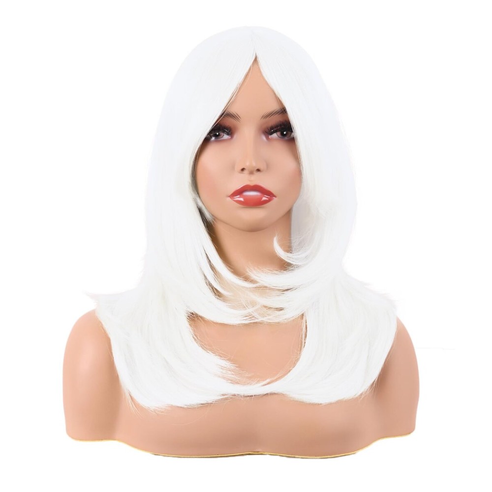 MapofBeauty 20 Inch/50 cm Long Layered With Bangs Straight Synthetic fiber Shoulder Length Hair for Daily Use or Party Wig (White)