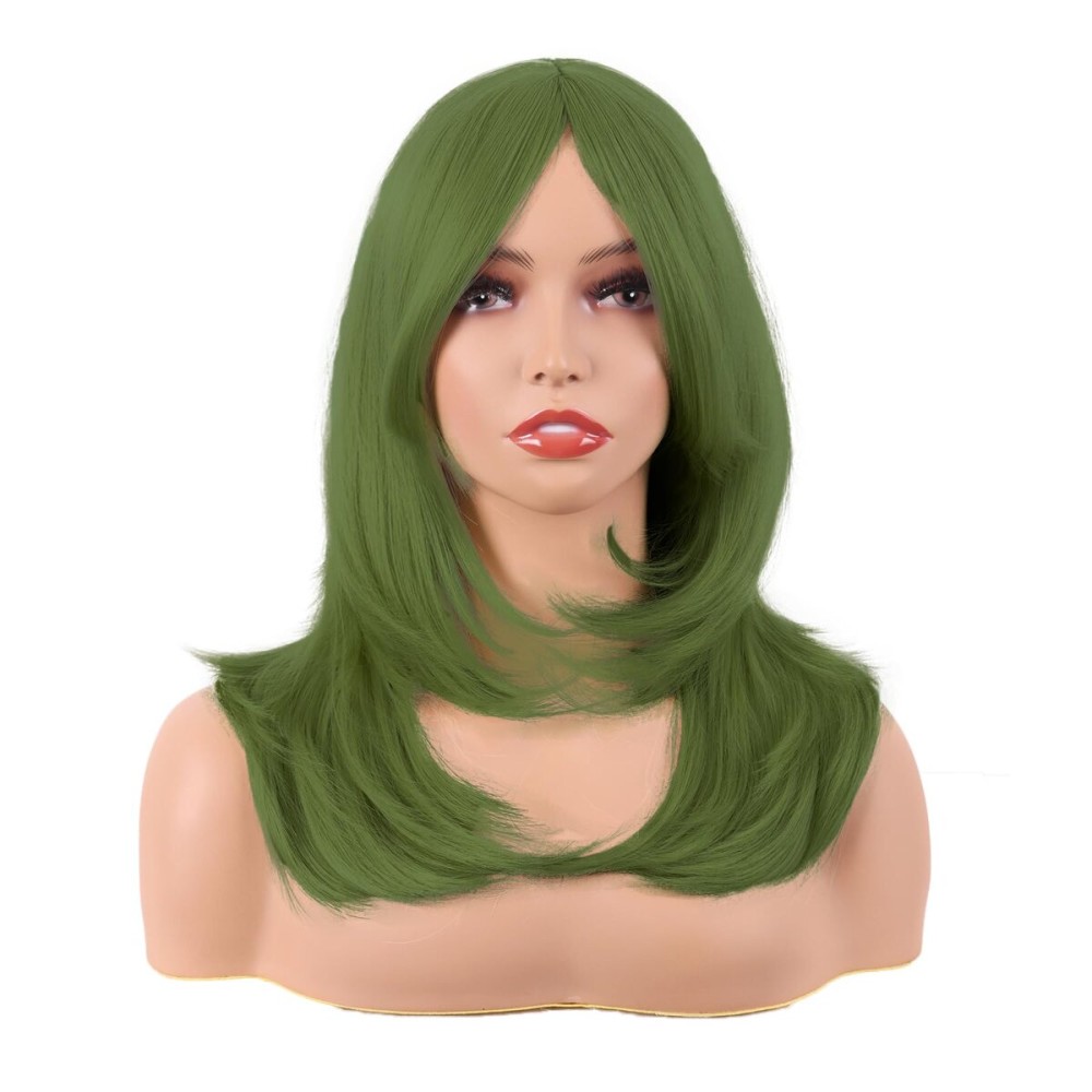 MapofBeauty 20 Inch/50 cm Long Layered With Bangs Straight Synthetic fiber Shoulder Length Hair for Daily Use or Party Wig (Olive Green)