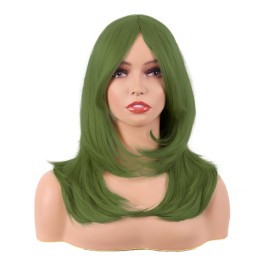 MapofBeauty 20 Inch/50 cm Long Layered With Bangs Straight Synthetic fiber Shoulder Length Hair for Daily Use or Party Wig (Olive Green)
