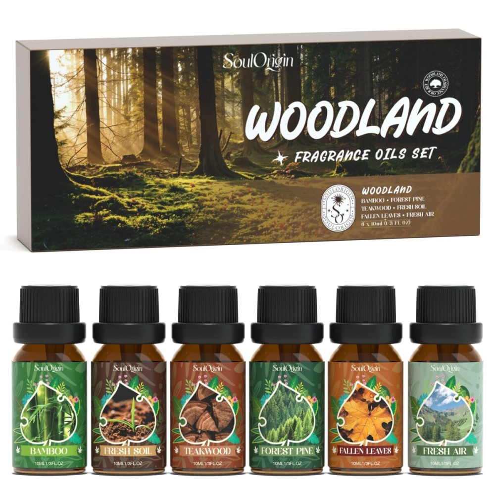 Soulorigin Woodland Fragrance Oils Set, Essential Oil Gift Set for Diffuser, Woody Scent Diffuser Oil, Diffuser Scents Oil for Home - Forest Pine, Teak, Bamboo, Fresh Soil, Fallen Leaves, Fresh Air
