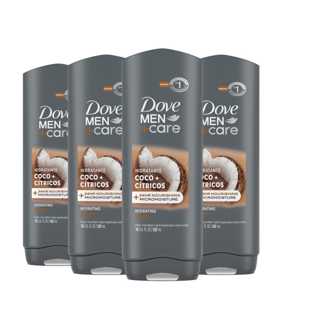 Dove Men+Care Hidratante Coco + Ctricos Body and Face Wash 4 Count for Hydrated Skin Coconut