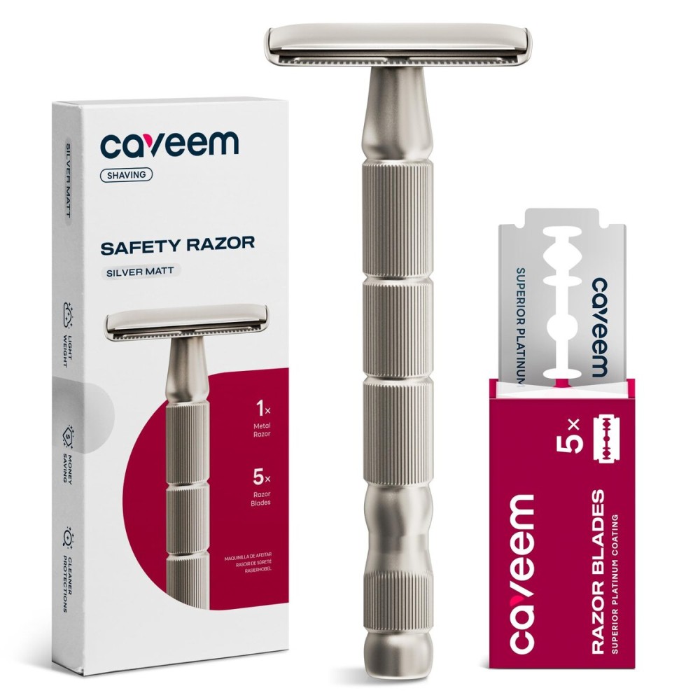 CAVEEM Double-Edge Safety Razor, Single-Blade Razors with 5 Stainless Steel Safety Razor Blades for Men and Women, Reusable Metal Razor - Silver Matt