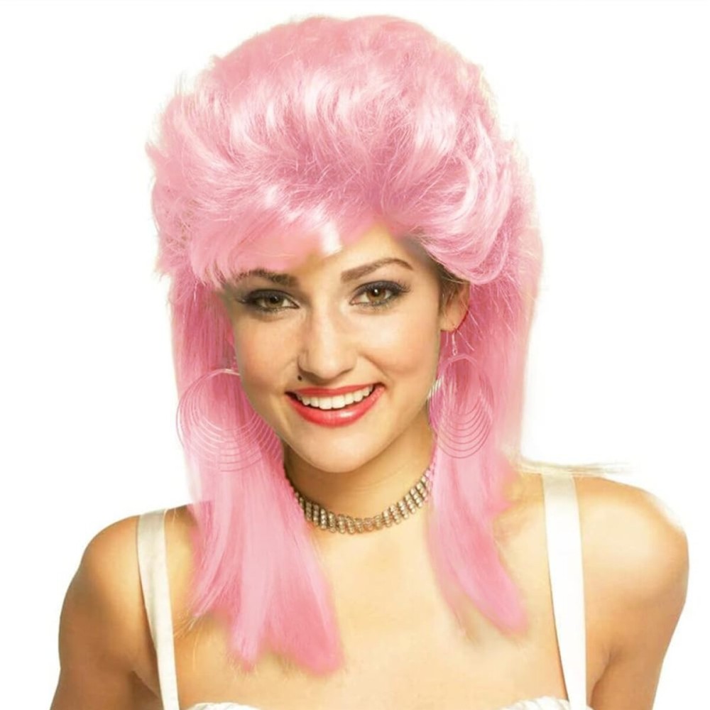 Swiking Pink Mullet Wigs for Women 70s 80s Rocker Shoulder Length Hair Shaggy Layered Fluffy Wig Cosplay Halloween Costume Replacement Wigs(Pink
