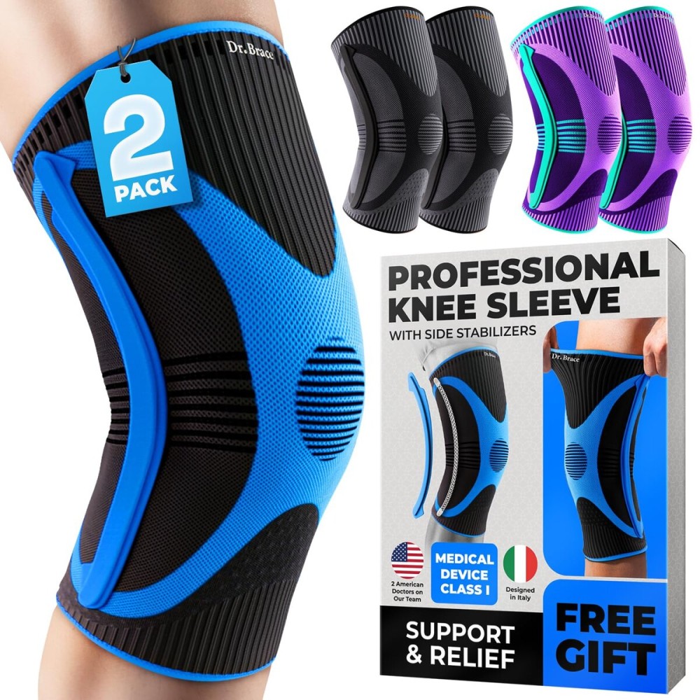 DR. BRACE ELITE Knee Brace with Size Stabilizer (2 Pack) Knee Brace for Women & Men, Workout, Sports, Daily Knee Compression Sleeve for Maximum Knee Pain Support & Fast Recovery (Neptune, X-Large) 2
